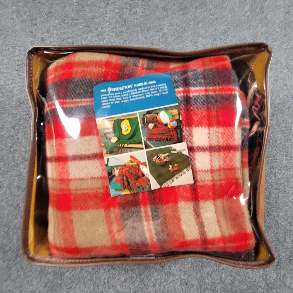 Pendleton Wool‎ Throw Blanket 52x70 Red Plaid Fringe Robe-in-Bag 100% Stadium